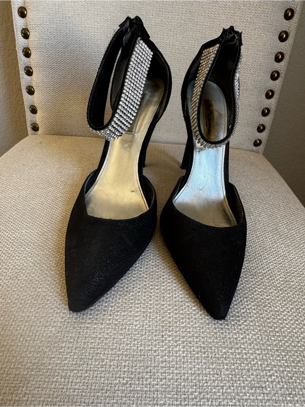 Nina Black Pointed Toe Heels with Rhinestone Ankle Cuff